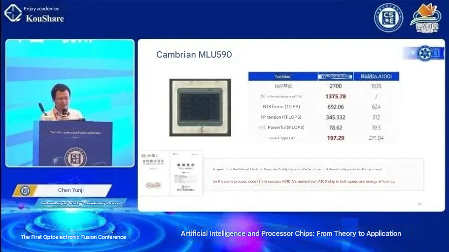 Slide from a keynote attributed to Cambricon co-founder Chen Yunji, showing Cambrian MLU590 specs including 345 TFLOPS at FP16, alongside NVIDIA A100 specs (translated via Google Translate).