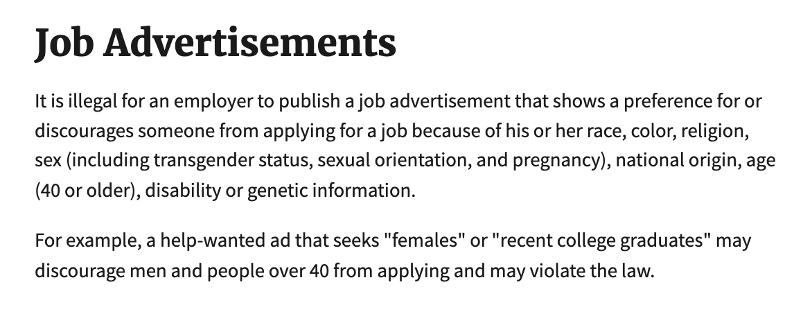 US Equal Employment Opportunity guidance indicating that screening applicants by years of experience can raise legal concerns.